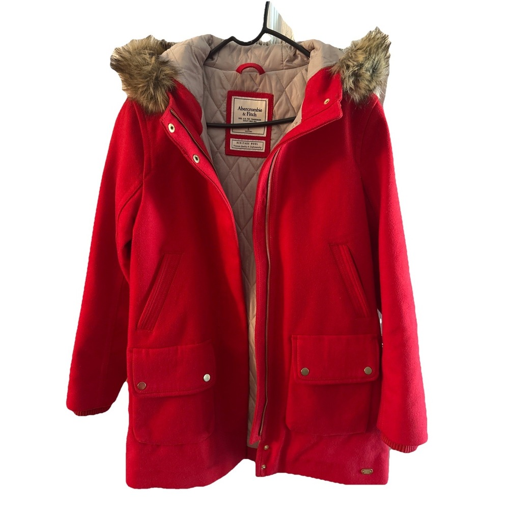Abercrombie Fitch Women's Large Red Heritage Wool Jacket Parka Hood Faux Fur